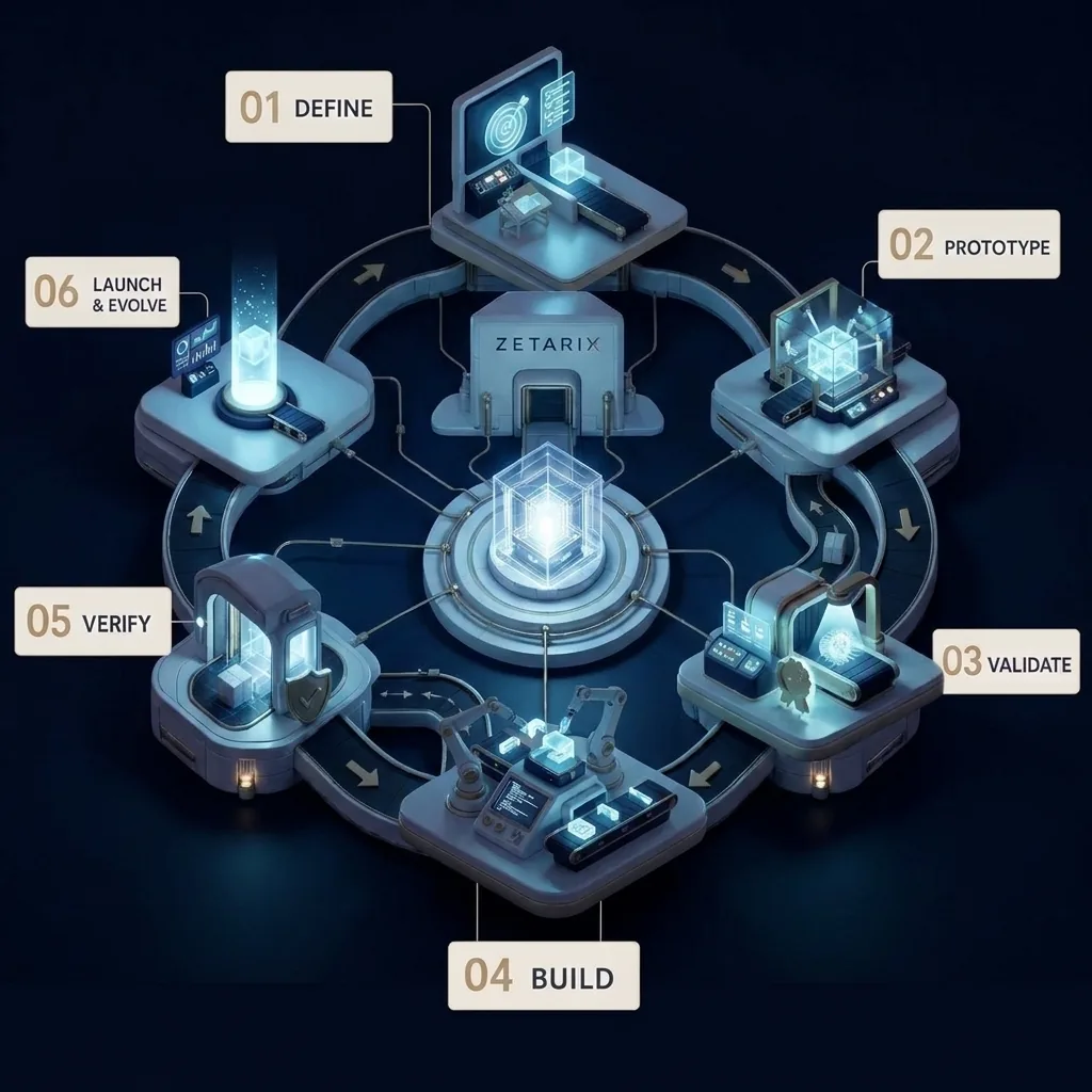 La fábrica Zetarix de noche: una idea, representada como un cubo de luz, recorre la línea de producción circular
